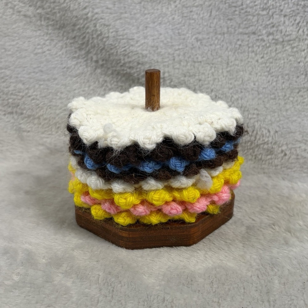 Vintage Crochet Coasters Set of 8 Wood Holder 1970s Grannycore Cottagecore